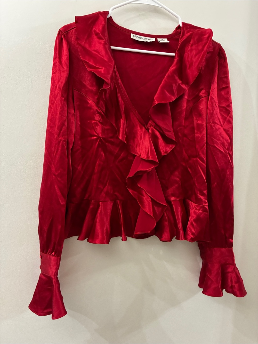Bloomingdale’s Red Ruffle 100% silk Blouse - women’s size 14
